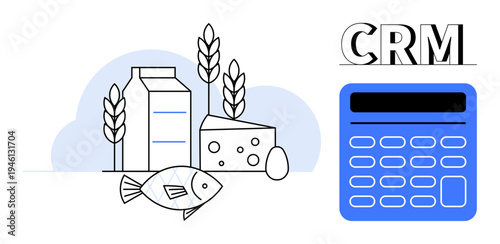 Food industry, business analysis, data systems, CRM solutions, inventory management, customer relations. Milk carton, cheese fish wheat and calculator. Food industry and business analysis concept