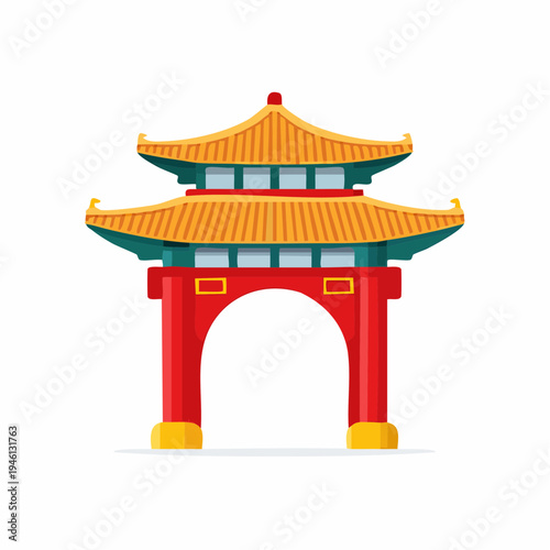 Traditional Chinese Archway Paifang Vector Icon Illustration with Red and Gold Architectural Design for Travel and Culture Themes