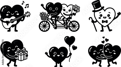 Cute smiling heart characters playing guitar giving gift riding tandem bicycle holding balloon dancing in love with hats and flowers vector art