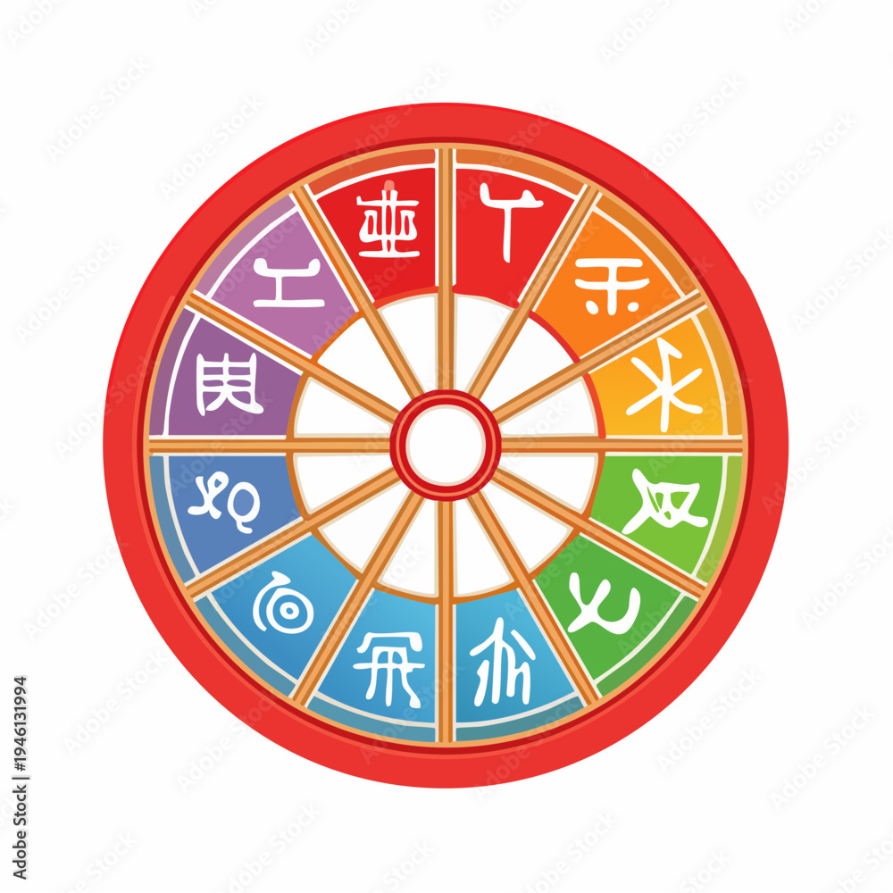 Obraz premium Circular Chinese Zodiac Wheel Vector Icon with 12 Animal Signs, Traditional Lunar New Year Calendar Design Element, Astrology and Horoscope Cycle Illustration