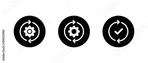 Sync process icon set black circle. Gear synchronization symbol. System update sign