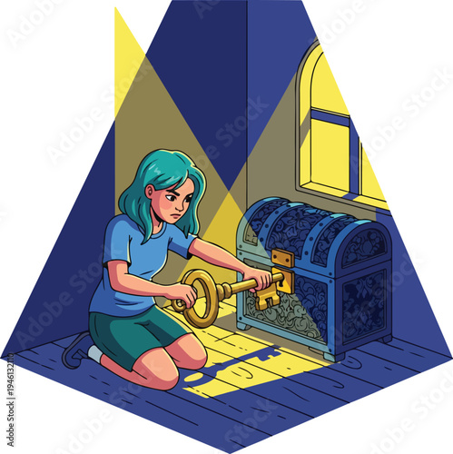 A young woman with teal hair unlocks a mysterious, ornate blue treasure chest with a large golden key, illuminated by light from a window.