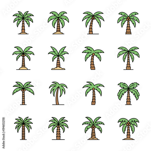 Set of Sixteen Simple Tropical Palm Tree Icons with Green Fronds and Brown Trunks on White Background