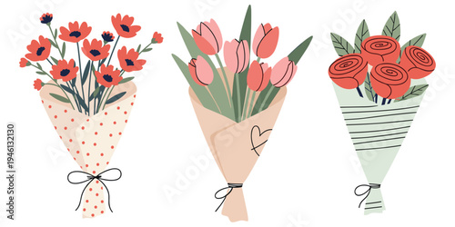 Colorful flower bouquet illustration with tulips, roses, decorative wrapping paper and ribbons, floral arrangement design, flat vector illustration
