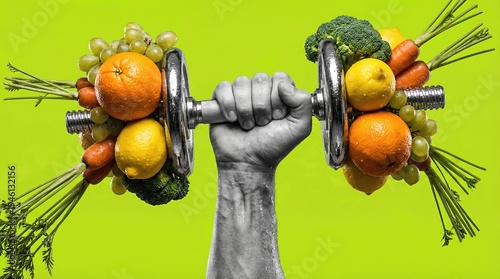 Muscular bare arm gripping metal dumbbell loaded with fresh produce on green
