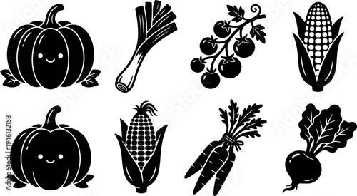 Cute smiling pumpkin with leaves and assorted fresh vegetables icons including leek tomato corn carrot and beet in black silhouette style