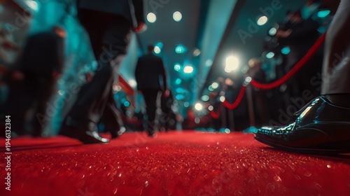 Red carpet event, celebrity studded premiere award show, with a formal atmosphere, bright lights and crowds in the background. Glamorous night celebration or movie premiere entrance. 