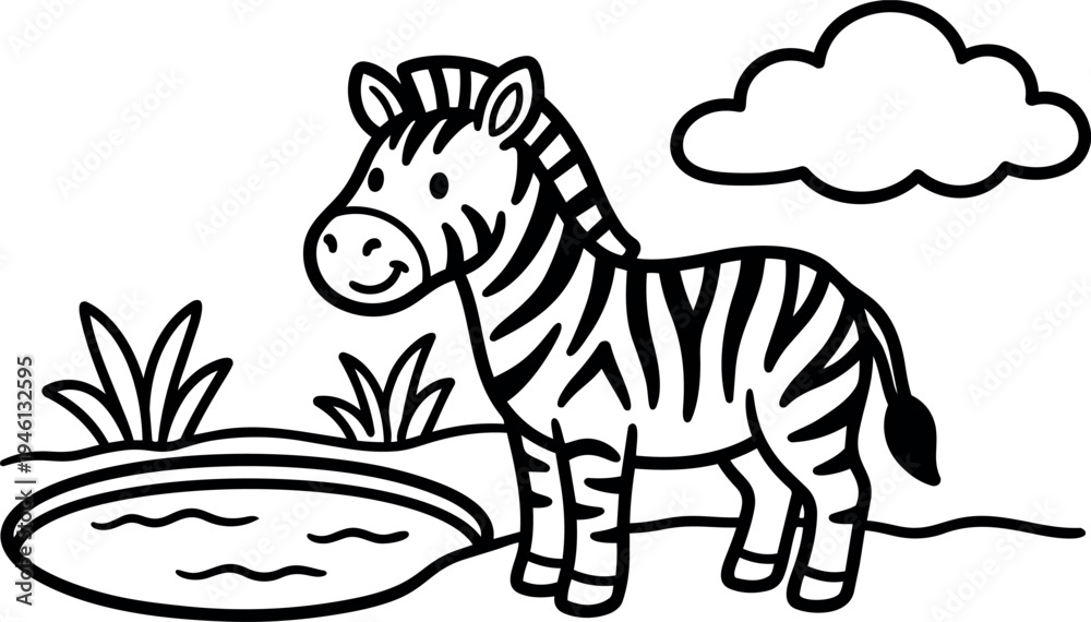 Fototapeta premium Cute flat design black and white zebra standing near water pond with grass and cloud outline vector illustration