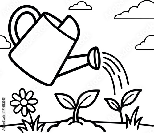 Black and white line art watering can pouring water on young plants with flower and clouds in minimalist garden scene vector