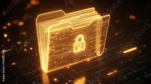 Confidential digital data document organization and cloud storage. Secure, holographic file folder concept with a glowing, orange folders stored data on a technological platform.