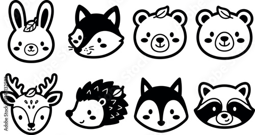 Minimalist black and white vector art set of cute forest animals faces including rabbit fox bear deer hedgehog raccoon with leaves on heads