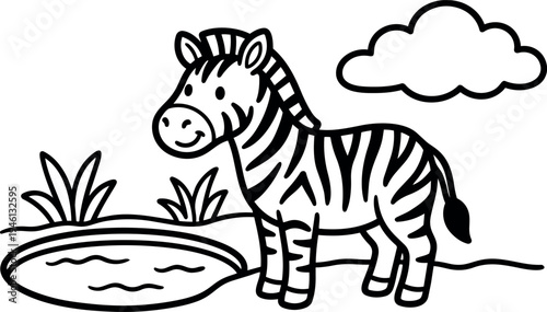 Cute flat design black and white zebra standing near water pond with grass and cloud outline vector illustration