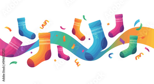 Colorful socks with confetti on white background for World Down Syndrome Day awareness campaign design