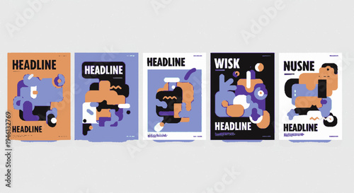 Six modern magazine covers with abstract illustrations and headline text on various colored backgrounds