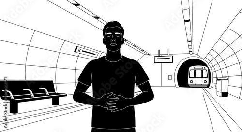 Silhouette A man stands in a modern subway station with a train approaching in the background