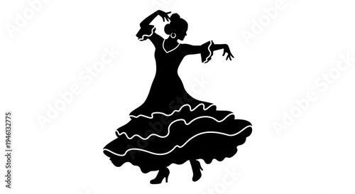 Silhouette A black silhouette of a woman dancing flamenco with white outlines on a transparent background
