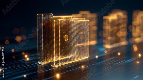 Confidential digital data document organization and cloud storage. Secure, holographic file folder concept with a glowing, orange folders stored data on a technological platform.
