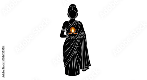 Silhouette A minimalist vector illustration of a woman in traditional Indian attire holding a lit diya lamp