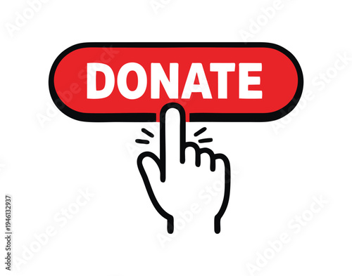 Red Button Donate Icon Vector, Online Donate Button icon hand, donation button, donate money online icon, donation icon, donate button click symbol, donate fundraising button logo, charity icon press.