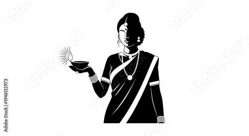 Silhouette A black and white vector illustration of a woman in traditional Indian clothing holding a diya lamp