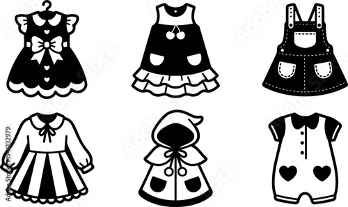 Monochrome kids clothing icons with dresses hooded jacket and romper flat design vector art set of six apparel illustrations