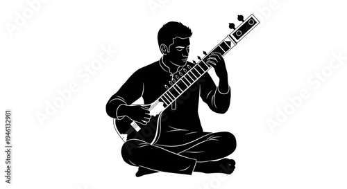 Silhouette A minimalist vector illustration of a man playing a traditional Indian stringed instrument