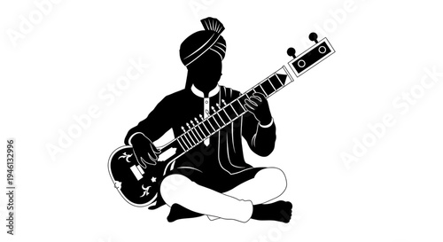 Silhouette A minimalist vector graphic illustration of a man playing a traditional Indian stringed instrument