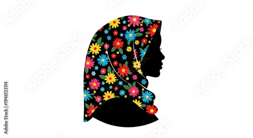 Silhouette A vibrant floral hijab illustration on a black silhouette of a woman's head