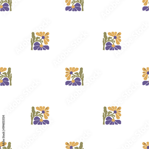  Floral Art Seamless Pattern With Hand-Drawn Matisse Inspired. Botanical Branch Flowers And Textured Crayon Hatching on White Background. Vector Square Illustration