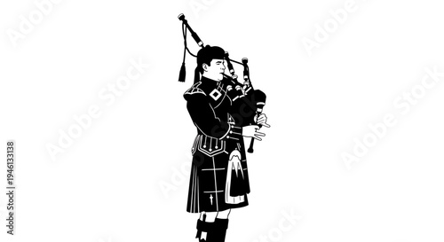 Silhouette A black and white vector illustration of a man playing the bagpipes in traditional Scottish attire