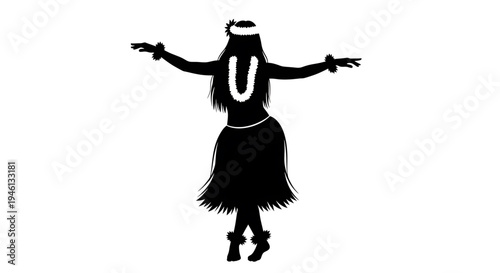 Silhouette A black silhouette of a hula dancer in a traditional Hawaiian outfit with arms outstretched