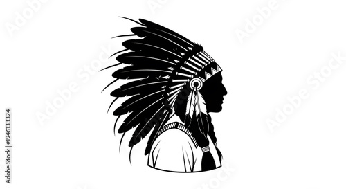 Silhouette A black and white vector illustration of a Native American man's head wearing a traditional feathered headdress
