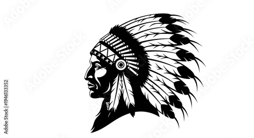 Silhouette A black and white vector graphic illustration of a Native American chief's head in profile, wearing a traditional feathered headdress.