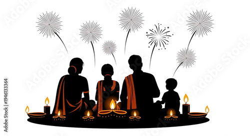 Silhouette A family sits together in silhouette, celebrating a festive occasion with candles and fireworks