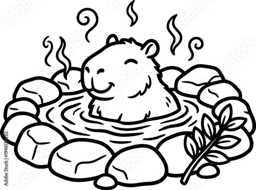 Black and white line art of smiling capybara bathing in hot spring surrounded by stones and leafy branch relaxing