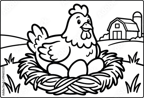 Line art farm hen sitting on nest with three eggs in rural landscape near barn and silo drawing