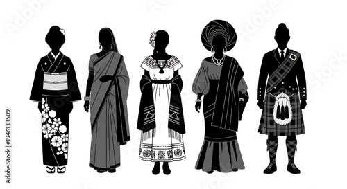 Silhouette A vector graphic illustration of six people wearing traditional clothing from around the world in a minimalist flat design style.