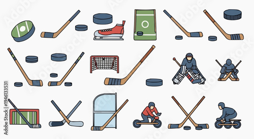 Hockey equipment and players icons set, perfect for sports design and graphic resource. The image is filled with various hockey elements. 