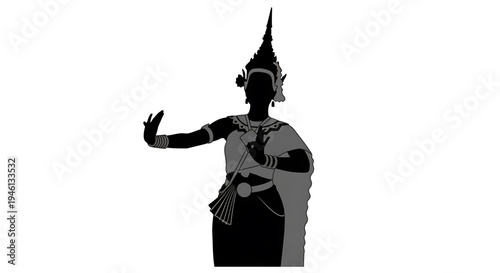 Silhouette A black silhouette of a traditional Thai dancer in a classic pose with intricate headdress and ornate costume.