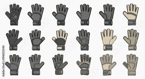 Diverse collection of black gloves, showcasing varying styles and designs. These are arranged in a row. 