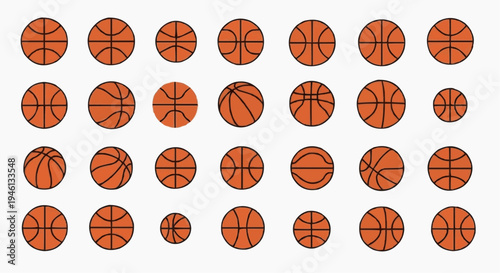 Arrangement of diverse basketballs in different sizes and perspectives. The image focuses on basketballs arranged across multiple rows.