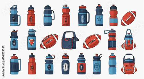 A collection of various water bottles and a football with hand bag. Each water bottle has a different design and color.