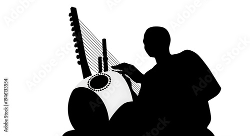 Silhouette A silhouette of a man playing a traditional stringed instrument in a minimalist vector graphic design