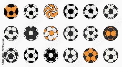 A collection of assorted soccer balls in a grid formation, showcasing different designs and color variations