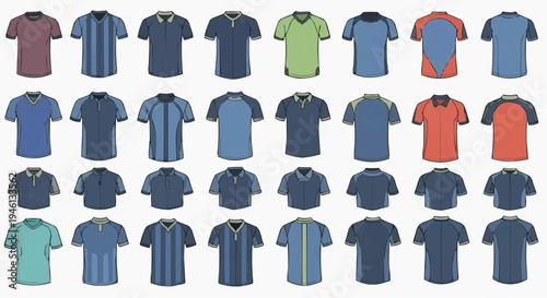Variety of men's polo shirts in different colors and designs, perfect for a fashion collection display. A perfect option for apparel and fashion catalogs and other print and digital designs