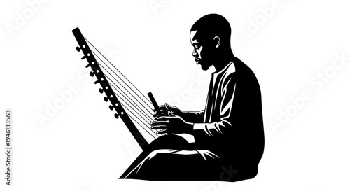 Silhouette A black silhouette of a man playing a harp in a minimalist vector graphic illustration