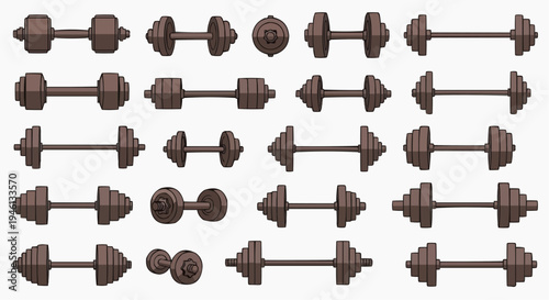 A collection of dumbbell illustrations, showcasing various weights and designs for exercise and fitness
