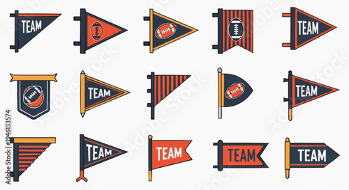 Set of American football team banners with various designs and colors. Showcasing different shapes and styles, they are perfect for representing a football team or promoting a sports event.