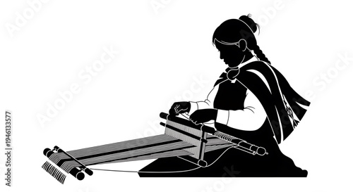 Silhouette A woman in traditional clothing is sitting and weaving on a loom in a minimalist black and white vector illustration.