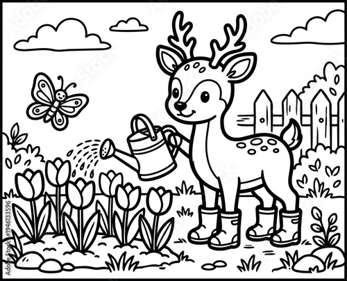 Cute cartoon deer wearing boots watering tulip flowers in garden with butterfly and wooden fence line art vector illustration